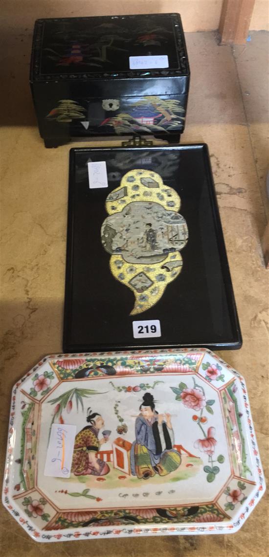 Chinese framed needlework panel, Chinese dish and a jewellery box